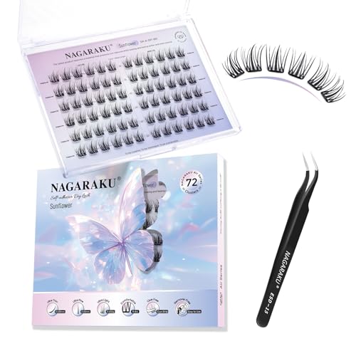 NAGARAKU Pestañas Autoadhesivas con Pinzas Kit, 72 Fans Una Sola Pieza Finas Láminas Adhesivas Sin Pegamento Ni Removedor Reutilizables Aspecto Natural Para Todas Las Formas De Ojos (C Curl Sunflower)