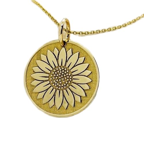 Collier pendentif pièce gravée tournesol en argent sterling plaqué or précieux