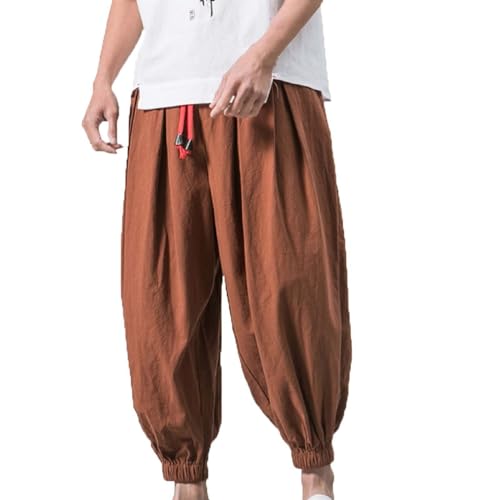 Mens Casual Cotton Linen Pants Bound Feet Drawstring Solid Loose Elastic Waist Lightweight Trouser Hippie Beach Pants