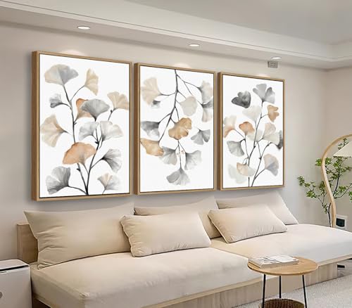 tigeridge Ginkgo Leaf Framed Wall Art - Watercolor Style Canvas Pictures Wall Decor Grey Brown Leaves Painting Artwork Elegant Botanical Prints Living Room Home Decor 24 x 16in * 3, Natural Wood Frame