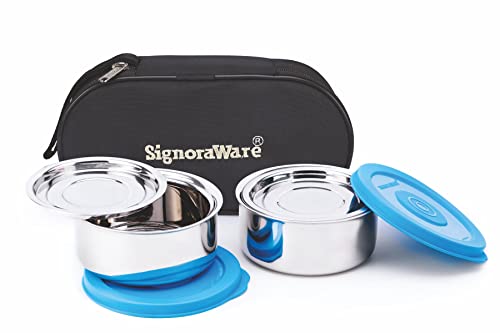 Signoraware Mid Day Double Wall/ Twin Wall (with 05 Mm Thickness) Both Steel Layers Steel Lunch Box, Set Of 2, 260 Ml+ 260 Ml, 2 Steel Cover Plates, Blue For Rs. 329 @ 63% off