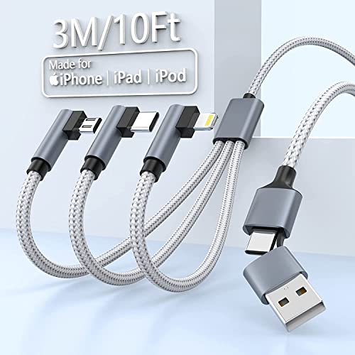 MTAKYI 5-in-1 Universal USB Charging Cable Right Angle, 3M/10Ft USB C Multi Fast Charging Cable Nylon Braided Cord USB/C to Type C/iPhone Fast Sync Charger Adapter Compatible with Laptop/Tablet/Phone