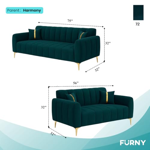 Image of FURNY Harmony 5 Seater Fabric 3+2 Sofa Set (Greenish Teal) with Golden Finish Legs | Premium Velvet Finish | Durable & Comfortable | Ideal for Living Room