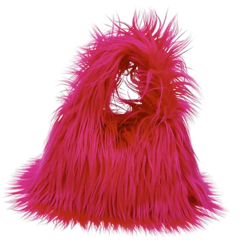 Faux Fur Handbags Furry Fluffy Fuzzy Bags Plush Tote Cute Handbag Faux Fur Crossbody Bag Shoulder Bag for Women, Rose Red