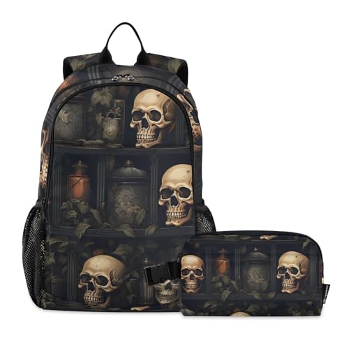 Skull Leaves Backpack Lunch Bag Set for Travel Hiking Picnic, Backpacks with Insulated Lunch Box