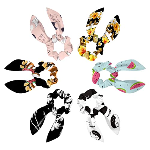 Chouchous élastiques à cheveux anti-casse en velours à fleurs - 6 pièces oreilles de lapin