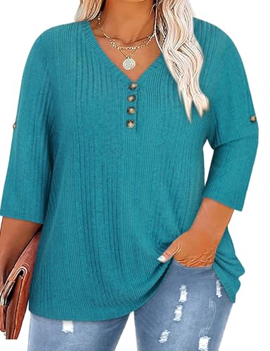Image of Koscacy Women Plus Size V Neck 3 /4 Roll Sleeve Sweater Casual Knit Tops Solid Color Blouses