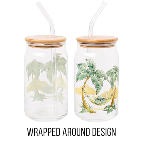 Image of Silver Buffalo Disney Lilo and Stitch Relaxing Chilling in Hammock Island Glass Jar Tumbler with Bamboo Lid and Glass Straw, 16 Ounces