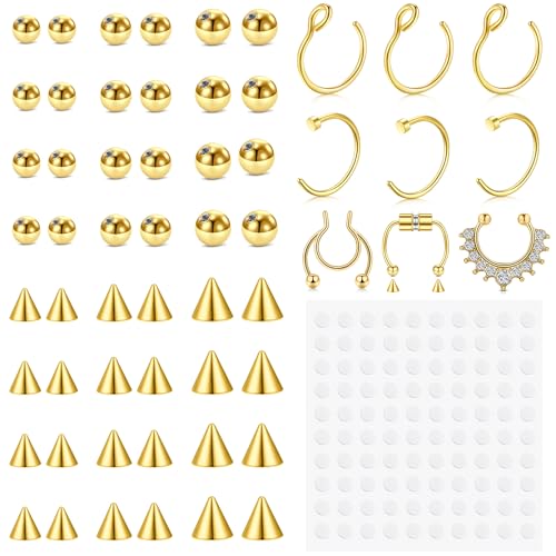 JFORYOU Fake Eyebrow Ring Fake Lip Labret Studs Replacement Balls Spike with 100pcs Sticker Non-Piercing Fake Septum Nose Rings Hoop Body Jewelry Fake Skin Piercing 3mm 4mm 5mm Gold