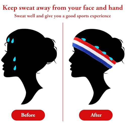 Sweatbands Headband Wristband Set,Sports Athletic Cotton Sweat Band for Sports for Tennis Working Out Boxing Gym Exercise for Athletic Men and Women (Red, White, Blue) - Image 6
