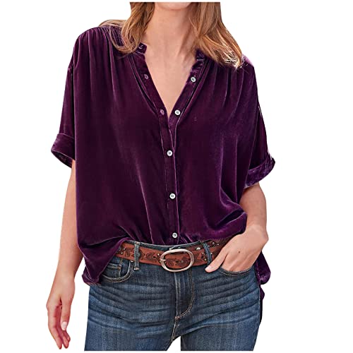 Tops for Women Lapel V Neck Solid Shirt Summer Velvet Tee Shirts Casual Roll Up Short Sleeve Button Down Blouses Purple