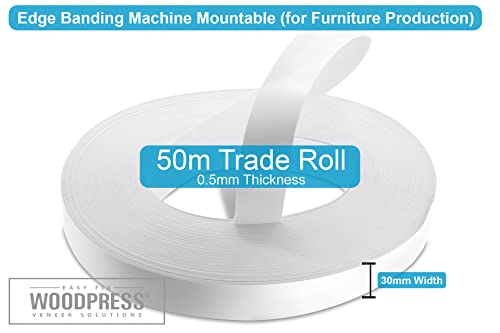 WoodPress® 30mm Perlweiß Melamin Kantenumleimer mit Schmelzkleber – 50m Industrielle Rolle – Einfaches Aufbügeln für Heimwerker