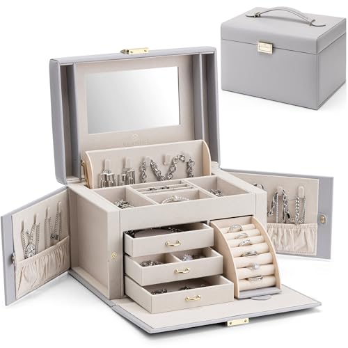 Vlando Large Jewellery Box for Women Lockable Jewellery Boxes with 3 Drawers Jewelry Storage Earrings, Rings, Necklaces, Bracelets, Brooches, Watches Organiser Apricot White