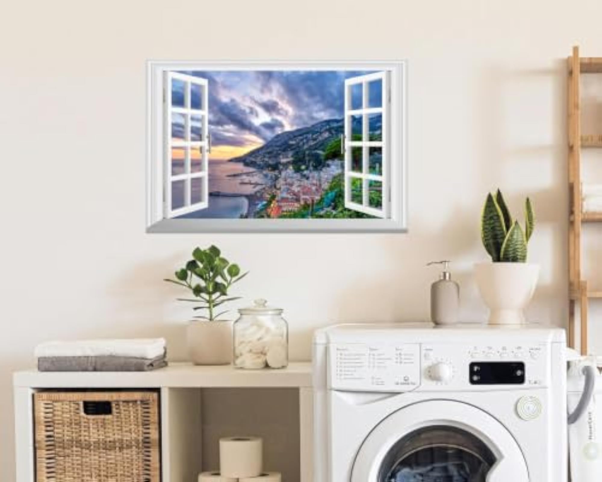 3D Open Window Coastal City View Wall Sticker