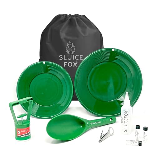 Gold Rush panning kit with Carry Bag; 10-Piece Prospecting Tools for Adults and Kids. Gold pan Accessories; Black Sand Magnet Plastic Gold Shovel snifter Bottle Tweezers and Gold vials Green