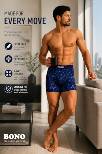 Image of BONO Men Cotton Blend Printed Trunk Combo Anti-Bacterial Moisture Wicking No Marks Stretchable Regular Fit Waistband Underwear Pack of 3 (Darkblue-Multicolor-TurquiseBlue-M)