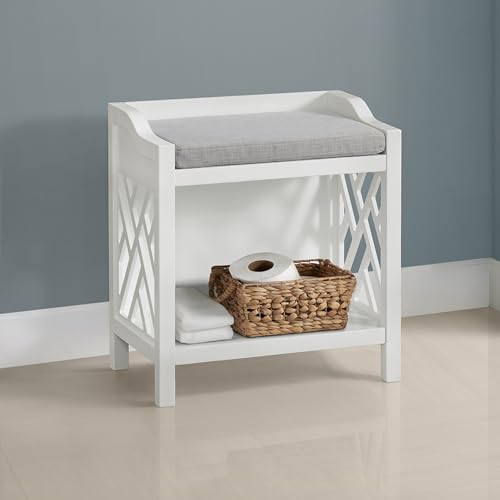Alaterre Furniture Coventry Bench Stool with Cushion - Pine Wood Bench for Entryway or Bathroom Storage - Use as Shoe Rack Vanity Chair and More (White)