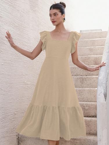 Image of Sugathari Girl's & Women's Solid Color Square Neck, Ruffle-Trimmed Hem Sleeveless, Ruffle Armhole and Casual Dress with Cinched Waist Vacation Outfits Woman (Dress 176)