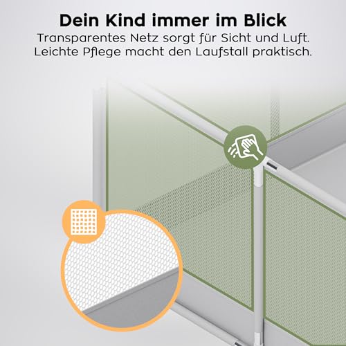 Tulano Cozy 20 Laufstall Baby 130x130 cm mit Boden – Spielgitter für Babys 6 bis 36 Monate – Tragbar Innen Außen – Faltbar – Netzwände – Metallrahmen – Kinderschutz – Reisegitter – Laufgitter – Grau