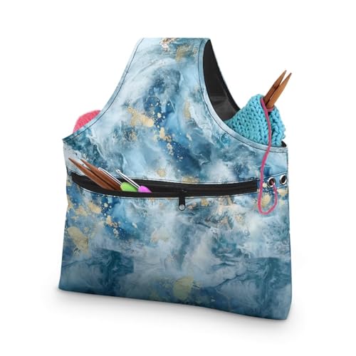 Image of KUIFORTI Yarn Bag, Portable Crochet Bag Organizer Blue Marble Yarn Storage Bag Organizer Knitting Accessories Travel Wrist Bag, Lightweight Yarn Tote Bags for Crocheting on The Go, Large Size