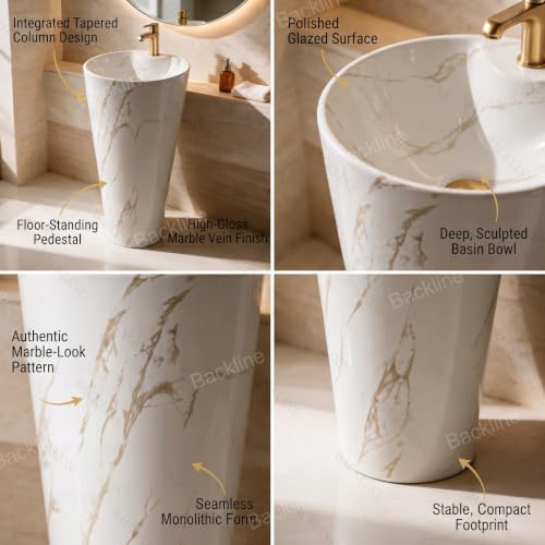 Image of Backline Pedestal Wash Basin| Free Standing Pedestal Basin 7 Years Warranty | One Piece Basin for Bathroom /Office /Living Room /Restaurant (Size - 15 x 15 x 34 Inch) (White Glossy)