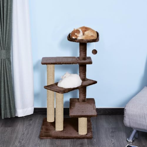 Image of Cat Tree Tower, Multi-Level, Grey, Sisal Scratching Posts, 36 Inch Height, with Perch and Hanging Toy (FURR-40) (Brown)