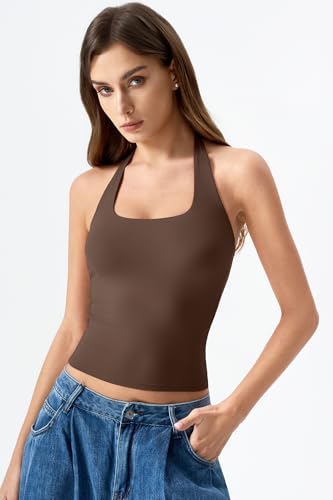Image of QINSEN Womens Halter Top Double Lined Tank Top Sleeveless Open Back Slim fit Going Out Tops