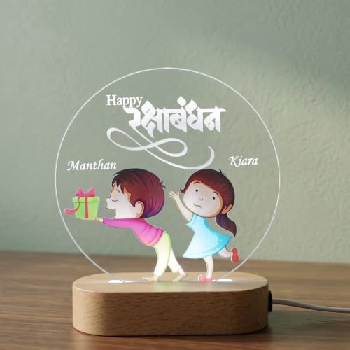 Image of White Glow Table Lamp - Personalized Raksha Bandhan LED Acrylic Photo Lamp for Brother & Sister | Custom Name Night Light with Cartoon Design | Customized Rakhi Gift for Brother from Sister