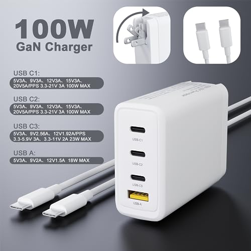 USB C Charger Block, 100W GaN 4 Port PD USB C and QC USB A Wall Charger Adapter Plug Cube, Super Fast Type C Charging Station Hub for iPhone 15 14 13 12 11 Pro Max iPad Samsung Pixel with 6ft Cord