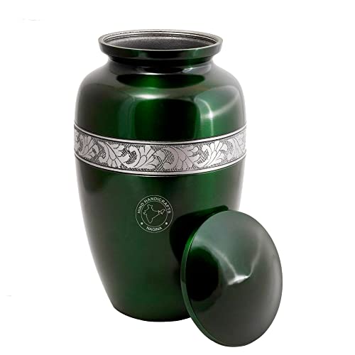 Image of Silver Engraved Aluminium Cremation Urn for Human Ashes Adult - Handcrafted Funeral Memorial Ash Storage Urn - Bag Included (Green, Keepsake - 70 Cubic Inches)