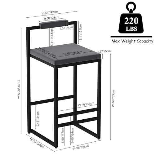 Butaco Tapizado de Terciopelo KT Rolster Juego de 2, Altura de Barra con Asiento Gris y Patas Metálicas Negras, Cojín Suave, Reposapiés y Respaldo para Isla de Cocina y Comedor miniatura 2