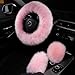 3Pcs Set Fashion Fluffy Fuzzy Wool Fur Soft Car Steering Wheel Cover with Handbrake Cover & Gear Shift Cover for Women/Girls/Ladies Auto Long Wool Accessories, Pink