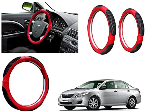 Image of Microfiber Car Steering Wheel Cover, Soft Padding Great Hand Feel, Anti-Slip, Faux Leather Steering Cover for Toyota Corolla | Black Red Jali - Pack of 1