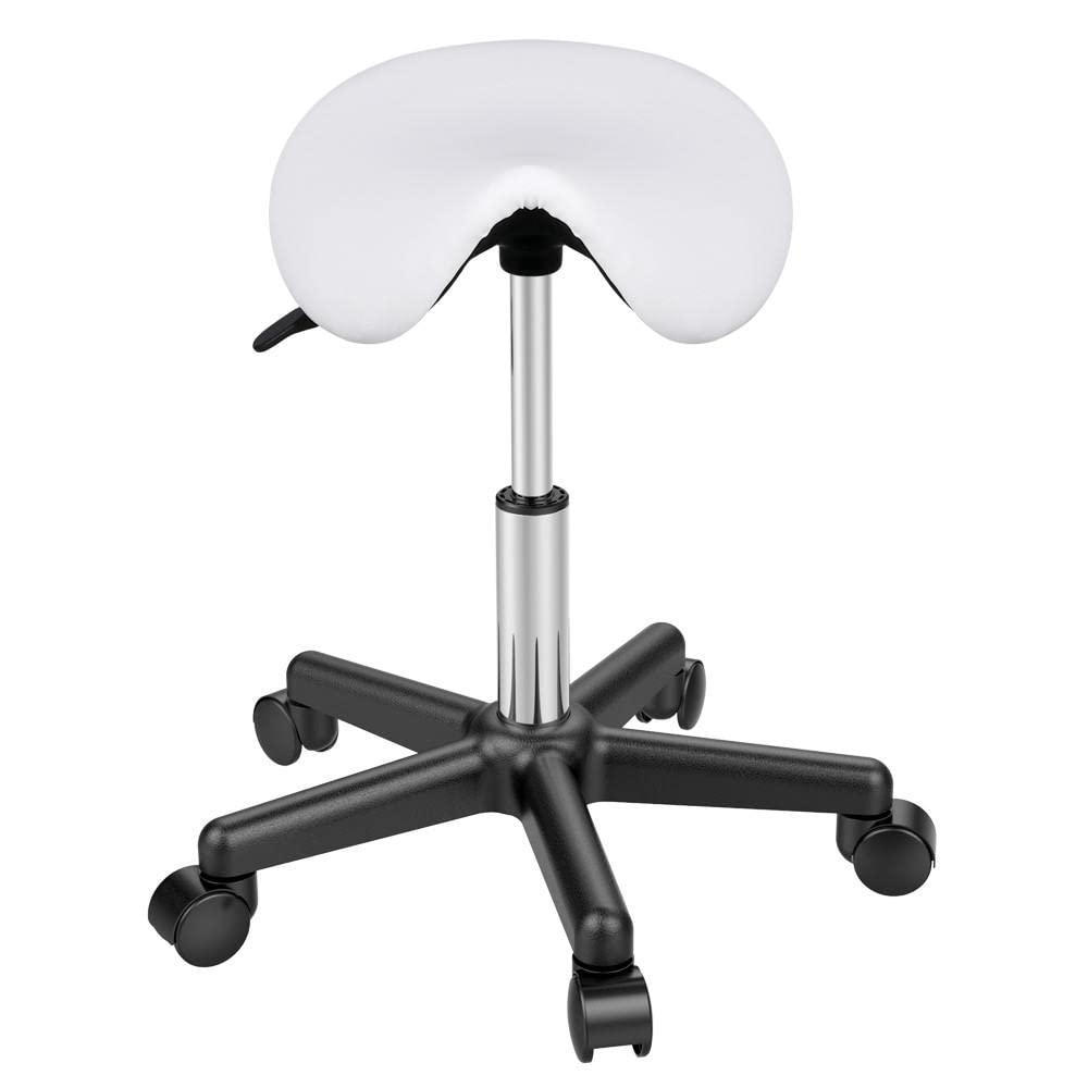 Yaheetech Taburete con Ruedas Taburete Alto Silla PU Giratoria para Manicura, Pedicura, Tatuajes Altura Ajustable 45,5-60 cm Blanco
