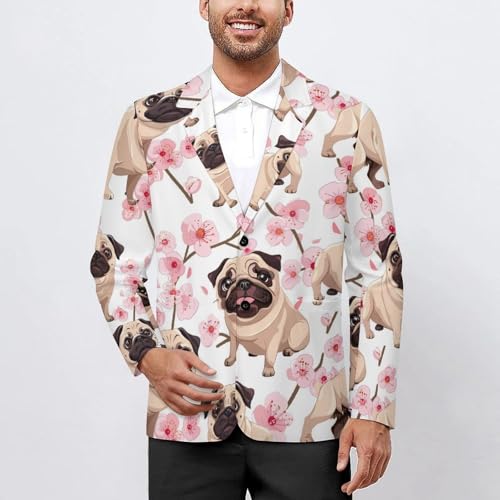 Cherry Flowers Pug Dog Men's Suits Dress Business Formal Suit Print Jackets Coat For Wedding Party2