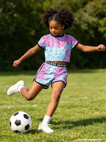 Image of Betusline Girls Summer 2 Piece Outfits,Kids Short Sleeve Crop Top & Shorts Set with Side Pockets