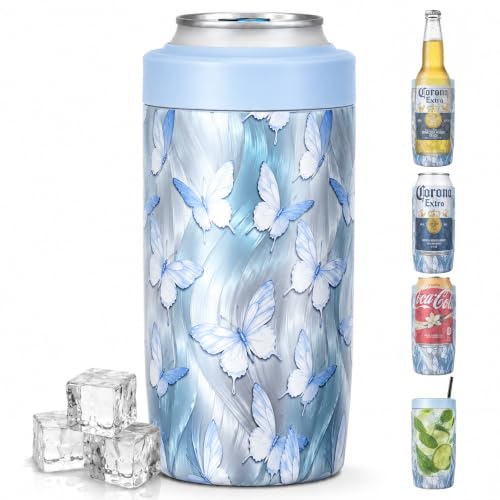 Image of 4-in-1 Slim Can Cooler Easy to Hold Insulated Beer Can Holder Double-Walled Stainless Steel for All 12 Oz Cans Blue Butterfly