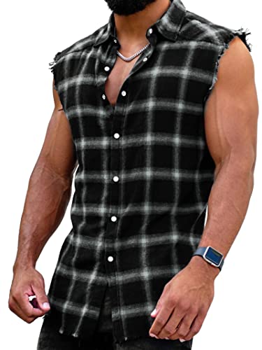 Men's Sleeveless Flannel Plaid Shirts Casual Button Down Cowboy Vest Shirts