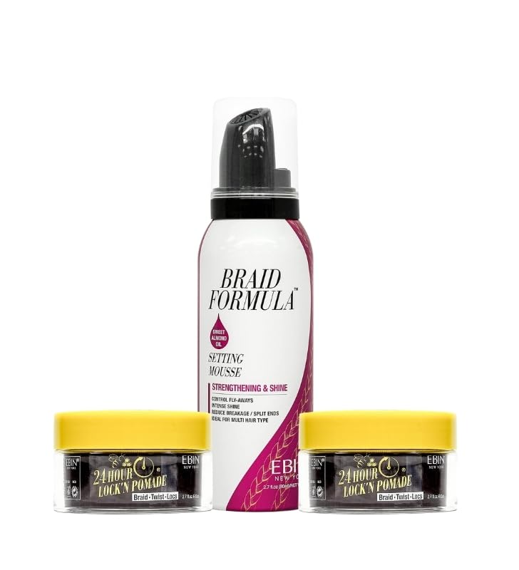 EBIN NEW YORK Braid Formula – 2x Honey & Bee's 2/7 oz Bundle With Setting Mousses Strenthening & Shine - Sweet Akmond Oil 2.7oz Frizz Control, Shine-Enhancing, Vegan Formula – Gift Set (3 Items)