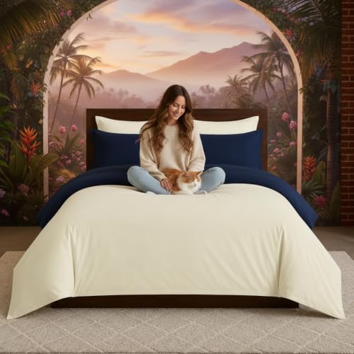 Image of Duvet Cover Single Size Bed (60x92 Inch) 1 Duvet Cover + 4 Pillow Covers with Zipper 600 TC Cotton Reversible Luxurious Quilt, Comforter, Rajai, Blanket Cover (Ivory /Navy Blue)