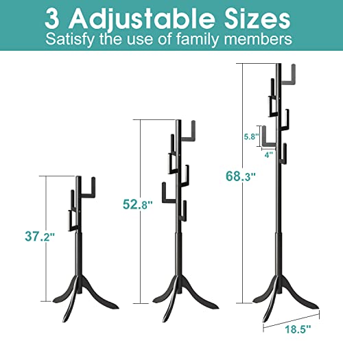 Vriccc Black Coat Rack Freestanding, Bamboo Cactus Coat Tree, Adjustable Height Wooden Coat Stand with 6 Hooks, kids coat rack, Used In The Bedroom Living Room, Office To Hang Clothes, Hats, Bags - Thumbnail 5