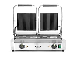HENDI Kontaktgrill, doppelt, gerillte Ausführung, inkl. Grillreinigungsbürste, Temperatur bis 300°C regelbar, Grillfläche 480x235mm, Elektrogrill, 230V/3600W, 570x375x(H)216mm, Edelstahl