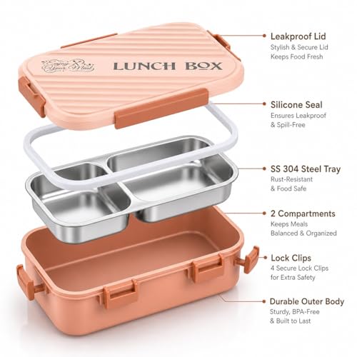 Image of Insulated Stainless Steel Lunch Box with Textured Lid | 3 Compartments | 525ml | BPA Free | Leakproof | Microwave Safe Without Lid | Bento Tiffin Box for Office School Travel (Peach Brown, 2)