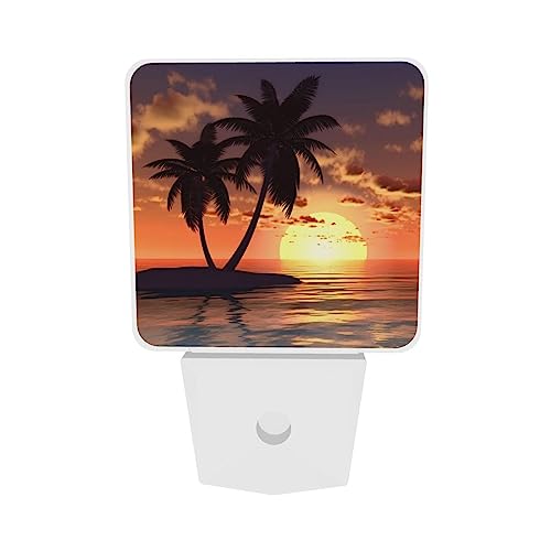 Image of Sunset Coconut Palm Tree Beach Ocean LED Plug-in Night Light 2-Pack, Auto Sensor Nightlights Set of 2 for Bedroom Bathroom