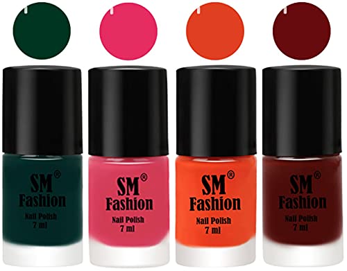 Image of Nail Polish Combo Set (Pack of 4) Quick Dry Gel Finish Nail Paint | Dark Green,Dark Rose Pink,Reddish Orange ,Wine Red | 7 ml Each
