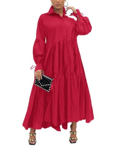 Image of Women's Long Sleeve Maxi Shirt Dress Elegant Button Down Loose Swing Party Dress
