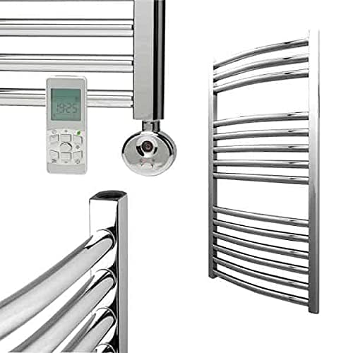 Sol*Aire Heating ProductsBray Curved Thermostatic Electric Heated Towel Rail/Warmer/Radiator, Chrome, With Timer. Round Tube, 25mm Bars, High Output. For Bathroom, Kitchen, 800 x 500