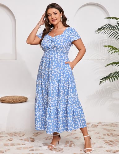 Image of KOJOOIN Women Plus Size Summer Dress Short Sleeve Casual Dress Floral Midi Dress Sweetheart Neck Ruffle Dress