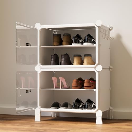Image of BOXJOY 4 Shelf White Shoe Rack for Home with 2 Transparent Doors, Hard PET Plastic with Metal Door Frame, Shoe Chappal Slipper Sandals Stand
