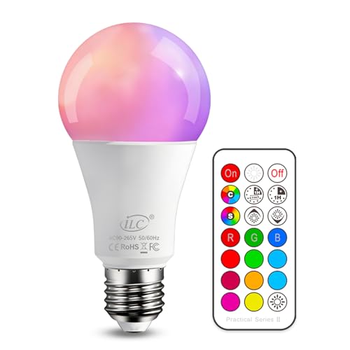 iLC Farbige Leuchtmittel LED RGBW Lampe Dimmbare Farbige Leuchtmitte Lampen 10W E27 Edison RGB LED Birnen - Dual Memory - 12 Farben - Kabellos Fernbedienung inklusive